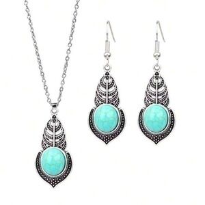 Southwest Style Western Antique Silver Turquoise Necklace And Earrings Set